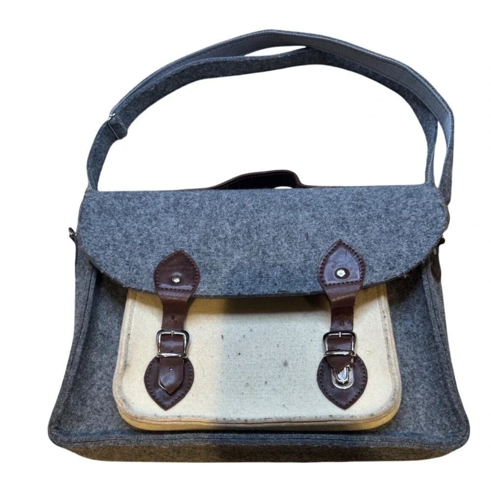 Grey‎ Felt Satchel Messenger Bag Two Tone Buckle Strap Shoulder Bag